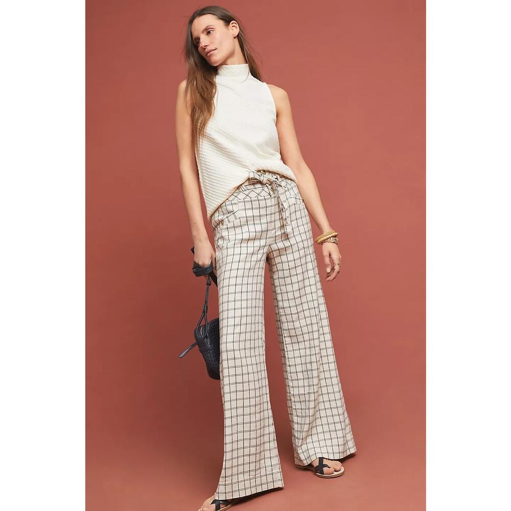 Anthropologie Womens Cream Black Linen Blend Windowpane Pants US 0